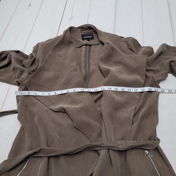 Express olive green zip pocket trench coat wrap mid length asymmetrical - Picture 5 of 9